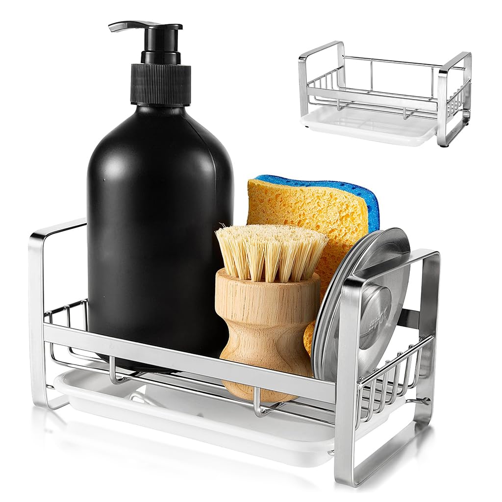 ZIBUYU Sink Organiser in Kitchen Stainless Steel Soap Holder for Kitchen Flat And Wall Mounted Sink Dish Drainer Basket Kitchen Organiser with Detachable Drainage Tray ZIBUYU Sink Organiser in Kitchen Stainless Steel Soap Holder for Kitchen Flat And Wall Mounted Sink Dish Drainer Basket Kitchen Organiser with Detachable Drainage Tray